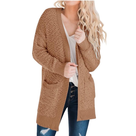 Sweaters - Long Sleeve Cardigan Open Front  Knit Fleece